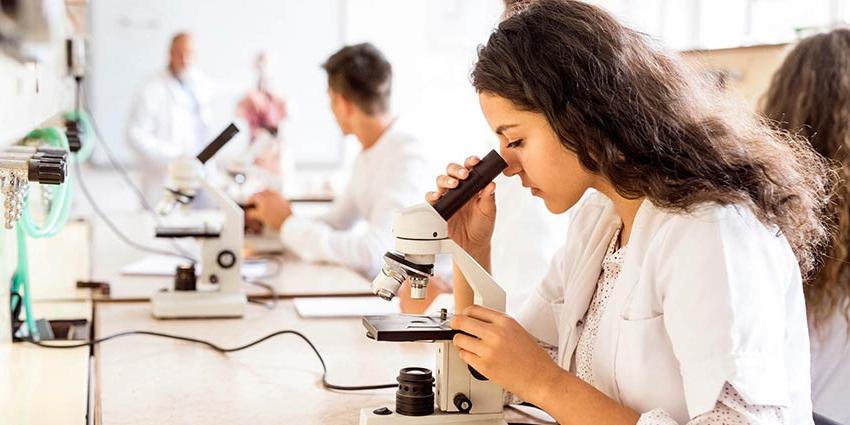 A biology bachelor degree program student looking into a microscope